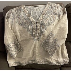 J Jill Love Linen Blouse XL Ornate Paisley Top Barley Elegant Bohemian Classy